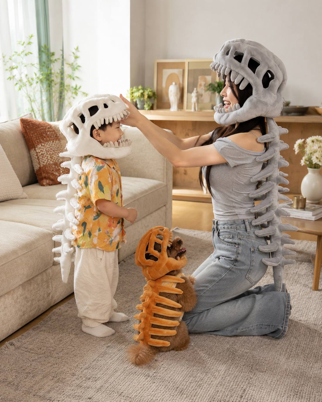 A family enjoying Little Roar dinosaur plush costumes